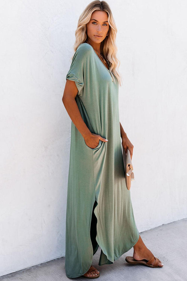 Anna™ | Maxi T-shirt Kjole med V-hals, Slids og Lommer