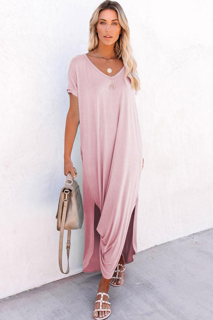 Emma™ | Maxi T-shirt Kjole med V-hals, Slids og Lommer
