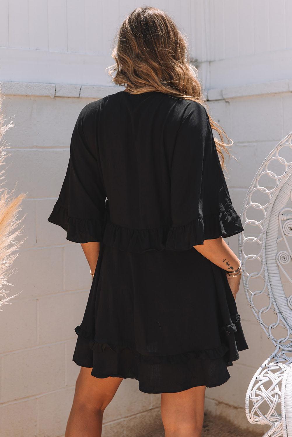 Emma™ | Elegant Sort Babydoll Mini Kjole med V-hals